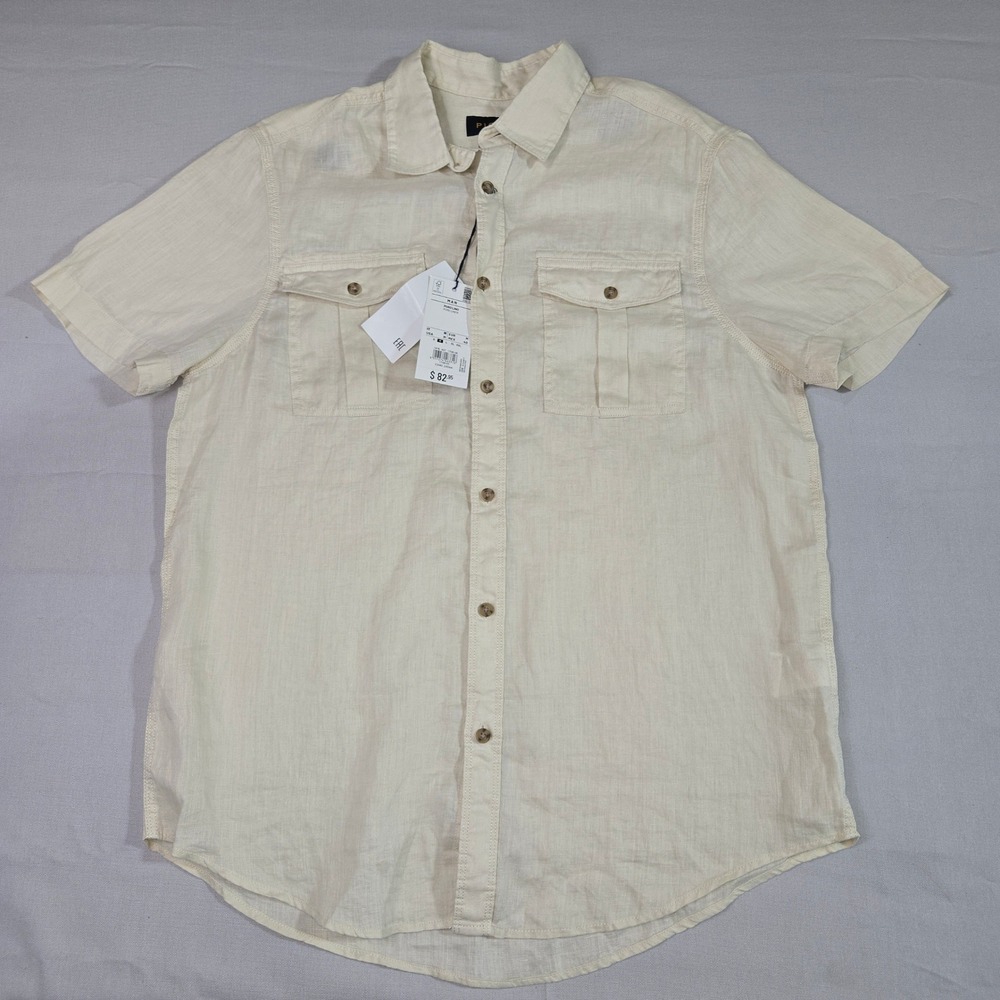 Piombo Mens Cream 100% Pure Linen Short Sleeve Button Down Shirt Size Medium NWT